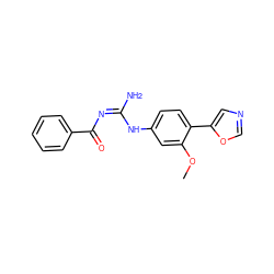 COc1cc(N/C(N)=N\C(=O)c2ccccc2)ccc1-c1cnco1 ZINC000013818889