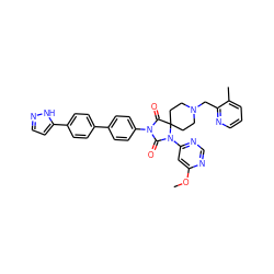 COc1cc(N2C(=O)N(c3ccc(-c4ccc(-c5ccn[nH]5)cc4)cc3)C(=O)C23CCN(Cc2ncccc2C)CC3)ncn1 ZINC000084670081