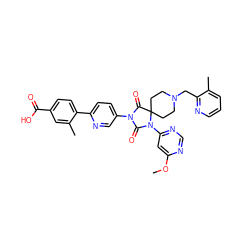 COc1cc(N2C(=O)N(c3ccc(-c4ccc(C(=O)O)cc4C)nc3)C(=O)C23CCN(Cc2ncccc2C)CC3)ncn1 ZINC000084706505