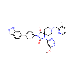 COc1cc(N2C(=O)N(c3ccc(-c4ccc5cn[nH]c5c4)cc3)C(=O)C23CCN(Cc2ncccc2C)CC3)ncn1 ZINC000084652088