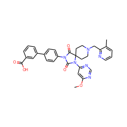 COc1cc(N2C(=O)N(c3ccc(-c4cccc(C(=O)O)c4)cc3)C(=O)C23CCN(Cc2ncccc2C)CC3)ncn1 ZINC000084654642