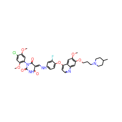 COc1cc(N2C(=O)NC(=O)/C(=C\Nc3ccc(Oc4ccnc5cc(OCCCN6CCC(C)CC6)c(OC)cc45)c(F)c3)C2=O)c(OC)cc1Cl ZINC000150605213