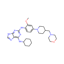 COc1cc(N2CCC(CN3CCOCC3)CC2)ccc1Nc1nc(NC2CCCCC2)c2nc[nH]c2n1 ZINC000084652156