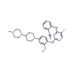 COc1cc(N2CCC(N3CCN(C)CC3)CC2)ccc1Nc1ncc(Cl)c(Nc2ccccc2C#N)n1 ZINC000653864178