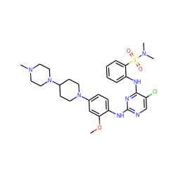 COc1cc(N2CCC(N3CCN(C)CC3)CC2)ccc1Nc1ncc(Cl)c(Nc2ccccc2S(=O)(=O)N(C)C)n1 ZINC000653866796