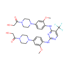 COc1cc(N2CCN(C(=O)CO)CC2)ccc1Nc1ncc(C(F)(F)F)c(Nc2ccc(N3CCN(C(=O)CO)CC3)cc2OC)n1 ZINC001772627321