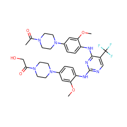 COc1cc(N2CCN(C(=O)CO)CC2)ccc1Nc1ncc(C(F)(F)F)c(Nc2ccc(N3CCN(C(C)=O)CC3)cc2OC)n1 ZINC001772646664