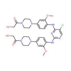 COc1cc(N2CCN(C(=O)CO)CC2)ccc1Nc1ncc(Cl)c(Nc2ccc(N3CCN(C(=O)CO)CC3)cc2OC)n1 ZINC001772624322