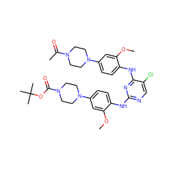 COc1cc(N2CCN(C(=O)OC(C)(C)C)CC2)ccc1Nc1ncc(Cl)c(Nc2ccc(N3CCN(C(C)=O)CC3)cc2OC)n1 ZINC001772581806