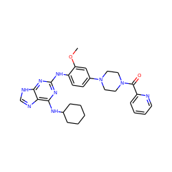 COc1cc(N2CCN(C(=O)c3ccccn3)CC2)ccc1Nc1nc(NC2CCCCC2)c2nc[nH]c2n1 ZINC000084669835