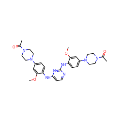 COc1cc(N2CCN(C(C)=O)CC2)ccc1Nc1ccnc(Nc2ccc(N3CCN(C(C)=O)CC3)cc2OC)n1 ZINC001772654383