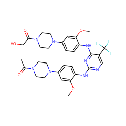 COc1cc(N2CCN(C(C)=O)CC2)ccc1Nc1ncc(C(F)(F)F)c(Nc2ccc(N3CCN(C(=O)CO)CC3)cc2OC)n1 ZINC001772603420