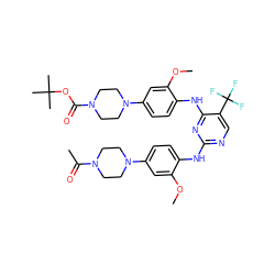 COc1cc(N2CCN(C(C)=O)CC2)ccc1Nc1ncc(C(F)(F)F)c(Nc2ccc(N3CCN(C(=O)OC(C)(C)C)CC3)cc2OC)n1 ZINC001772581737