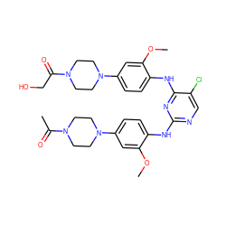 COc1cc(N2CCN(C(C)=O)CC2)ccc1Nc1ncc(Cl)c(Nc2ccc(N3CCN(C(=O)CO)CC3)cc2OC)n1 ZINC001772639832