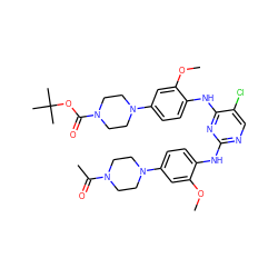 COc1cc(N2CCN(C(C)=O)CC2)ccc1Nc1ncc(Cl)c(Nc2ccc(N3CCN(C(=O)OC(C)(C)C)CC3)cc2OC)n1 ZINC001772622974