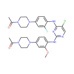 COc1cc(N2CCN(C(C)=O)CC2)ccc1Nc1ncc(Cl)c(Nc2ccc(N3CCN(C(C)=O)CC3)cc2F)n1 ZINC000207059189