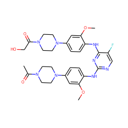 COc1cc(N2CCN(C(C)=O)CC2)ccc1Nc1ncc(F)c(Nc2ccc(N3CCN(C(=O)CO)CC3)cc2OC)n1 ZINC001772597791