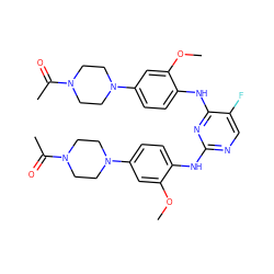 COc1cc(N2CCN(C(C)=O)CC2)ccc1Nc1ncc(F)c(Nc2ccc(N3CCN(C(C)=O)CC3)cc2OC)n1 ZINC001772624488