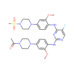 COc1cc(N2CCN(C(C)=O)CC2)ccc1Nc1ncc(F)c(Nc2ccc(N3CCN(S(C)(=O)=O)CC3)cc2OC)n1 ZINC001772588757