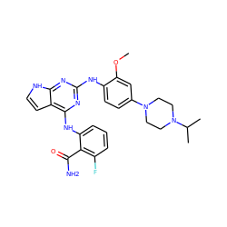 COc1cc(N2CCN(C(C)C)CC2)ccc1Nc1nc(Nc2cccc(F)c2C(N)=O)c2cc[nH]c2n1 ZINC000053186795