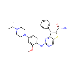 COc1cc(N2CCN(C(C)C)CC2)ccc1Nc1ncc2sc(C(N)=O)c(-c3ccccc3)c2n1 ZINC000150328750