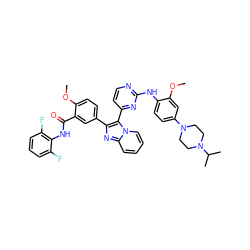 COc1cc(N2CCN(C(C)C)CC2)ccc1Nc1nccc(-c2c(-c3ccc(OC)c(C(=O)Nc4c(F)cccc4F)c3)nc3ccccn23)n1 ZINC000165070716