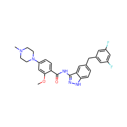 COc1cc(N2CCN(C)CC2)ccc1C(=O)Nc1n[nH]c2ccc(Cc3cc(F)cc(F)c3)cc12 ZINC000063539235