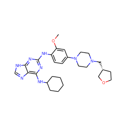 COc1cc(N2CCN(C[C@@H]3CCOC3)CC2)ccc1Nc1nc(NC2CCCCC2)c2nc[nH]c2n1 ZINC000084671558