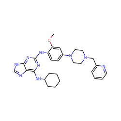 COc1cc(N2CCN(Cc3ccccn3)CC2)ccc1Nc1nc(NC2CCCCC2)c2nc[nH]c2n1 ZINC000084669836