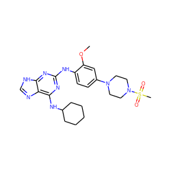 COc1cc(N2CCN(S(C)(=O)=O)CC2)ccc1Nc1nc(NC2CCCCC2)c2nc[nH]c2n1 ZINC000084669771