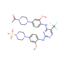 COc1cc(N2CCN(S(C)(=O)=O)CC2)ccc1Nc1ncc(C(F)(F)F)c(Nc2ccc(N3CCN(C(C)=O)CC3)cc2OC)n1 ZINC001772593848