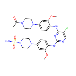 COc1cc(N2CCN(S(N)(=O)=O)CC2)ccc1Nc1ncc(Cl)c(Nc2ccc(N3CCN(C(C)=O)CC3)cc2OC)n1 ZINC001772627240