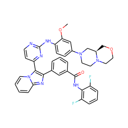 COc1cc(N2CCN3CCOC[C@@H]3C2)ccc1Nc1nccc(-c2c(-c3cccc(C(=O)Nc4c(F)cccc4F)c3)nc3ccccn23)n1 ZINC000165077705