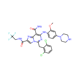 COc1cc(N2CCNCC2)ccc1Nc1nc(Cc2c(Cl)cccc2Cl)n2cc(C(=O)NCC(F)(F)F)nc2c1C(N)=O ZINC000200880972