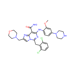 COc1cc(N2CCNCC2)ccc1Nc1nc(Cc2c(Cl)cccc2Cl)n2cc(CN3CCOCC3)nc2c1C(N)=O ZINC000200877491