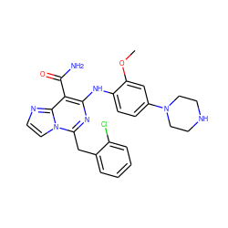 COc1cc(N2CCNCC2)ccc1Nc1nc(Cc2ccccc2Cl)n2ccnc2c1C(N)=O ZINC000200844623