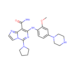 COc1cc(N2CCNCC2)ccc1Nc1nc(N2CCCC2)n2ccnc2c1C(N)=O ZINC000200839026