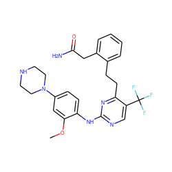 COc1cc(N2CCNCC2)ccc1Nc1ncc(C(F)(F)F)c(CCc2ccccc2CC(N)=O)n1 ZINC000147850535