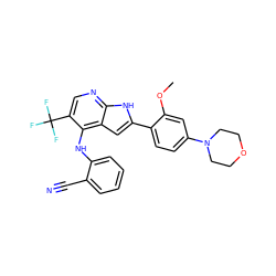 COc1cc(N2CCOCC2)ccc1-c1cc2c(Nc3ccccc3C#N)c(C(F)(F)F)cnc2[nH]1 ZINC000095598011