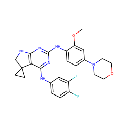 COc1cc(N2CCOCC2)ccc1Nc1nc2c(c(Nc3ccc(F)c(F)c3)n1)C1(CC1)CN2 ZINC000222351520