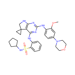 COc1cc(N2CCOCC2)ccc1Nc1nc2c(c(Nc3ccccc3S(=O)(=O)NC3CCCC3)n1)C1(CC1)CN2 ZINC000221645979