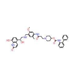 COc1cc(NC(=O)CCN2CCC(OC(=O)Nc3ccccc3-c3ccccc3)CC2)c(C)cc1CNC[C@H](O)c1ccc(O)c2[nH]c(=O)ccc12 ZINC000299871576