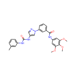 COc1cc(NC(=O)c2cccc(-n3cc(NC(=O)Nc4cccc(C)c4)cn3)c2)cc(OC)c1OC ZINC000071773480