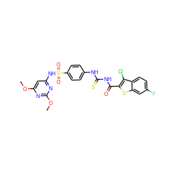 COc1cc(NS(=O)(=O)c2ccc(NC(=S)NC(=O)c3sc4cc(F)ccc4c3Cl)cc2)nc(OC)n1 ZINC000003094456