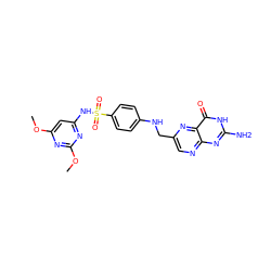 COc1cc(NS(=O)(=O)c2ccc(NCc3cnc4nc(N)[nH]c(=O)c4n3)cc2)nc(OC)n1 ZINC000653835473