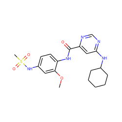 COc1cc(NS(C)(=O)=O)ccc1NC(=O)c1cc(NC2CCCCC2)ncn1 ZINC000144383170