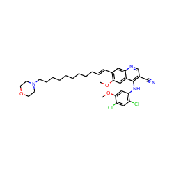 COc1cc(Nc2c(C#N)cnc3cc(/C=C/CCCCCCCCCN4CCOCC4)c(OC)cc23)c(Cl)cc1Cl ZINC000049785026