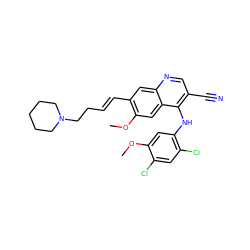 COc1cc(Nc2c(C#N)cnc3cc(/C=C/CCN4CCCCC4)c(OC)cc23)c(Cl)cc1Cl ZINC000049068110