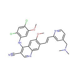 COc1cc(Nc2c(C#N)cnc3cc(/C=C/c4cc(CN(C)C)ccn4)c(OC)cc23)c(Cl)cc1Cl ZINC000049777378