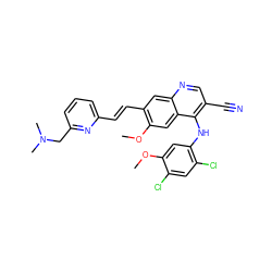 COc1cc(Nc2c(C#N)cnc3cc(/C=C/c4cccc(CN(C)C)n4)c(OC)cc23)c(Cl)cc1Cl ZINC000049802197